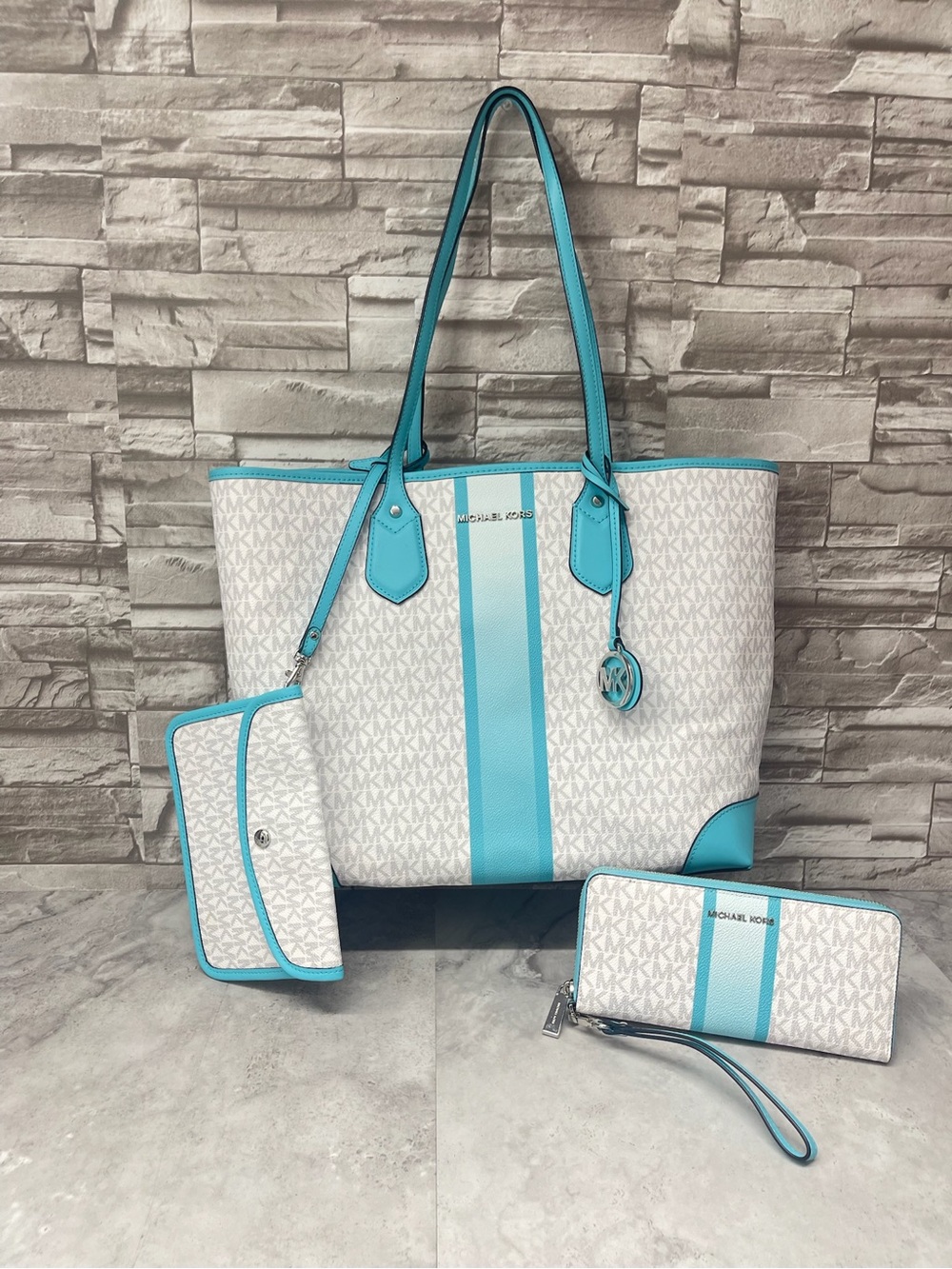 Michael Kors Eva Center Stripe Tote + Pouch & Wallet Rare Ocean Blue Multi White